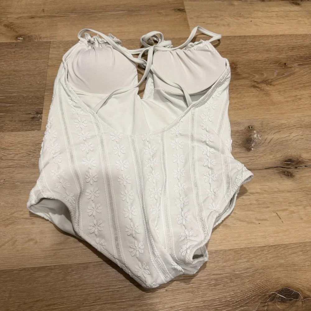 aerie White One-Piece Swimsuit with Embroidered Floral Detail medium long
